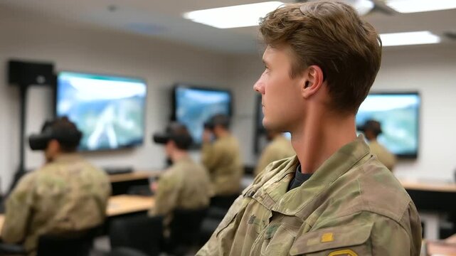 Advanced military training facility where soldiers practice with VR combat simulators and tactical training equipment. Instructors monitor progress on digital displays while