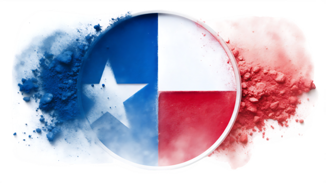 Texas flag makeup powder explosion isolated on a transparent background blue