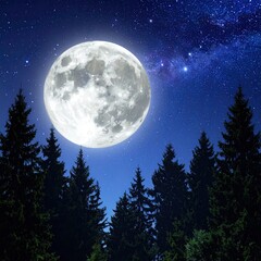 Full moon illuminating a dark forest silhouetted against a vibrant night sky speckled with stars and the Milky Way