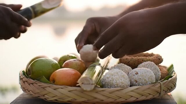 Devotees preparing traditional prasad offerings for the Chhath Puja festival
