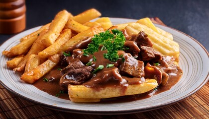 A Close Up Of A Plate Of Poutine Style Dish With Thick Cut Fries And Chunks Of Beef Stew On Toast Covered In Gravy And Garnished With Herbs