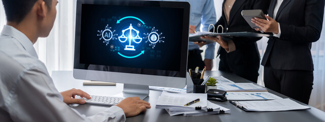 AI ethics responsibility standard law and rules on computer screen provide report of AI ethic...