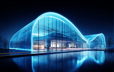 Fototapeta premium Modern architectural building with blue illuminated curves at night