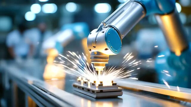 Advanced automotive assembly where collaborative robots (cobots) work alongside skilled technicians installing precise components. Holographic quality control displays float above