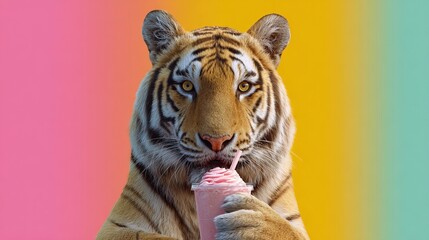 Majestic tiger enjoying a refreshing pink smoothie, a playful and vibrant scene