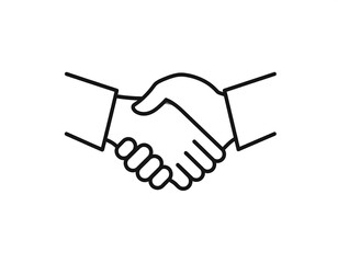 A simple, outlined illustration of two hands shaking, signifying a business agreement or friendly gesture.