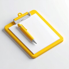Yellow clipboard with blank paper and yellow pen, angled on white background, simple, clean aesthetic