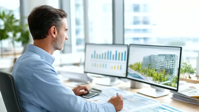 Real estate investment analysis workspace financial charts and market data on large monitors property portfolio spreadsheets architectural renderings of development projects