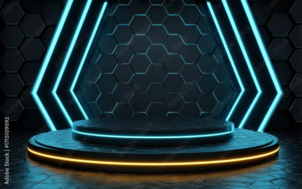 Poster modern futuristic hexagonal stage with neon lights for product display