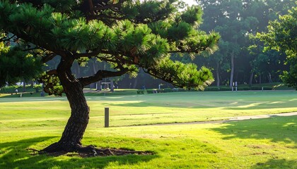 A serene golf course scene showcasing a lush, vibrant green fairway, with a majestic pine tree adding a touch of nature's artistry.