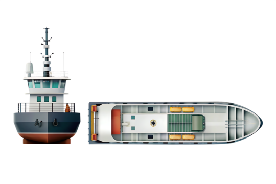 Tugboat and cargo ship top view illustration isolated on a transparent background - Powered by Adobe