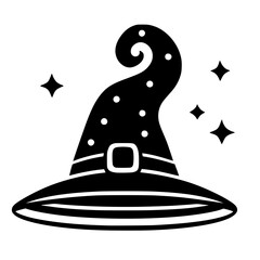 Isolated Black Witch Hat Icon with White Polka Dots and Magical Sparkles
