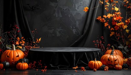A Halloween themed display featuring carved pumpkins, autumn leaves, and berries arranged on a dark backdrop with a round velvet table.