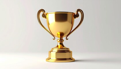 A gleaming, gold trophy with ornate handles and a wide base sits on a plain white background, symbolizing achievement and victory