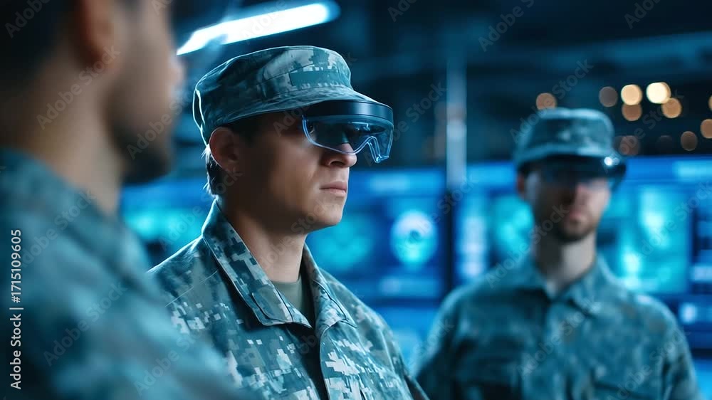 Poster modern military command center where officers monitor multiple holographic displays showing real tim