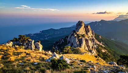 A dramatic mountain peak overlooks a lush valley and coastline at sunset, showcasing rugged rock formations and vibrant colors.