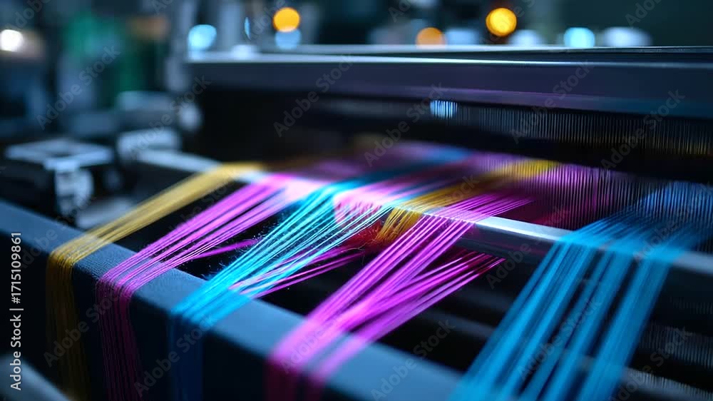 Poster modern textile manufacturing where intelligent weaving machines create complex patterns with mathema
