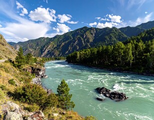Majestic Mountain River Flowing Through Verdant Landscape