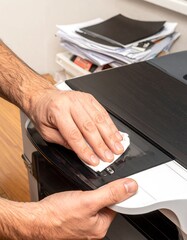 Person cleaning a printer with a cloth