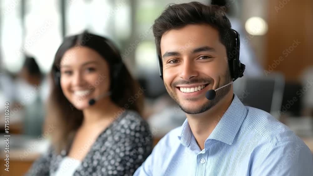 Poster customer service representatives naturally interacting with clients both in person and via video cal