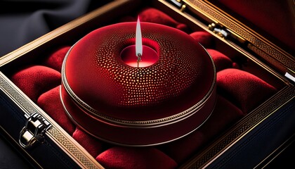 Obraz premium A hyperrealistic close-up captures a luxurious, lit red candle nestled in a velvet-lined wooden box, radiating warmth and elegance