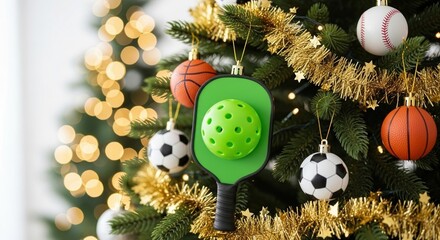 Festive sports ornament: pickleball paddle and ball as quirky Christmas tree decoration