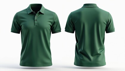 3D illustration shows blank green polo shirt, front and back views, on white background. Perfect for logo design, print branding, and customization mockups.