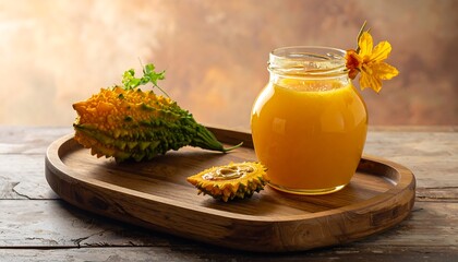 A vibrant display of a yellow-green vegetable and its juice, presented on a wooden tray, with a delicate flower atop the beverage.