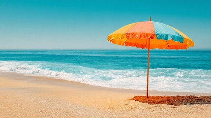 Vibrant beach umbrella invites serene ocean escape, perfect for summer vacation dreams and coastal relaxation.