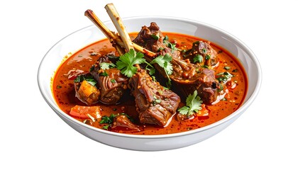 Aromatic lamb ribs in a rich, spicy red curry, served in a white bowl, showcasing tender meat and vibrant flavors.