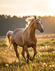 Obraz premium Golden horse galloping in a field at sunset