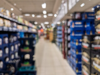 Blurred Background in Grocery Store Aisle Focused on Beverages
