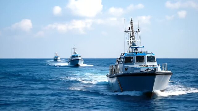 International naval coalition conducting anti piracy patrol in strategic shipping lanes. Professional maritime security teams demonstrate coordinated response capabilities while