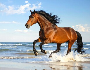 A magnificent brown horse bursts through the surf on a sunny beach, its mane flowing in the ocean breeze.