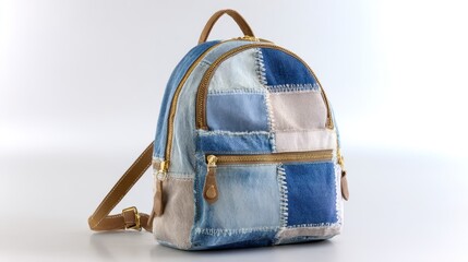 Patchwork Backpack with Recycled Denim and Canvas Fabrics Isolated on White