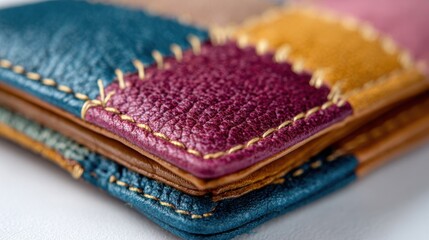 Patchwork Leather and Fabric Wallet Close-Up Isolated on White Background