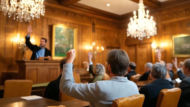 Classic auction house interior with mahogany paneling auctioneer at elevated podium with traditional gavel bidders raising numbered paddles ornate crystal chandeliers oil paint