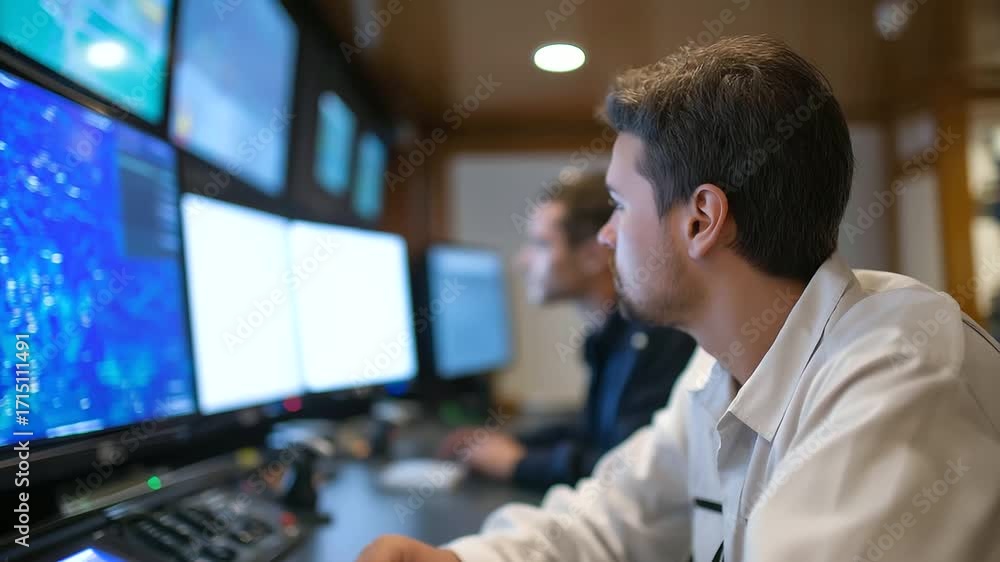 Poster maritime cybersecurity operations center where specialists monitor vessel communications and navigat