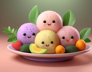 Cute kawaii mochi ice cream scoops with tropical fruits on plate