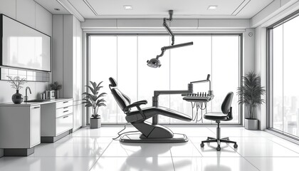 Minimalist black, white sketch of modern dentist office interior. Futuristic dental equipment, abstract technology motifs create clean, pro clinic environment. Sleek lines, geometric shapes define