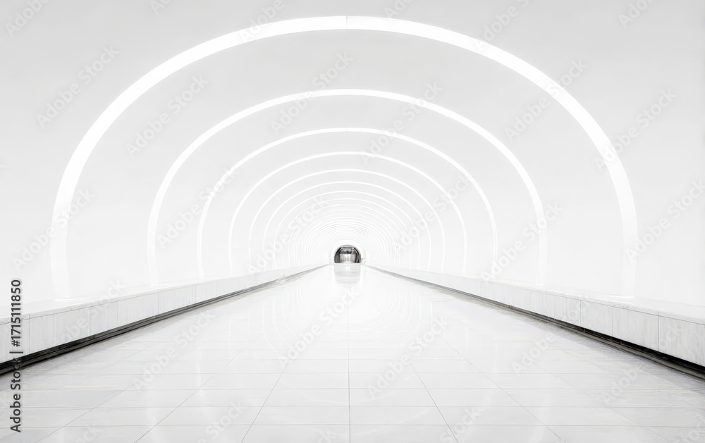 Poster modern white tunnel with curved lights and a distant object