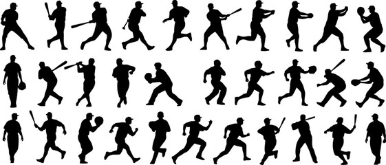Dynamic silhouettes capture baseball players in action, showcasing pitching, batting, and running for sports graphics