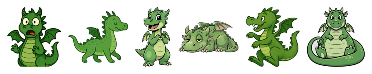Fototapeta premium Green dragon set including scared, happy, sleeping, running, and sitting poses isolated. Cute fantasy character collection.