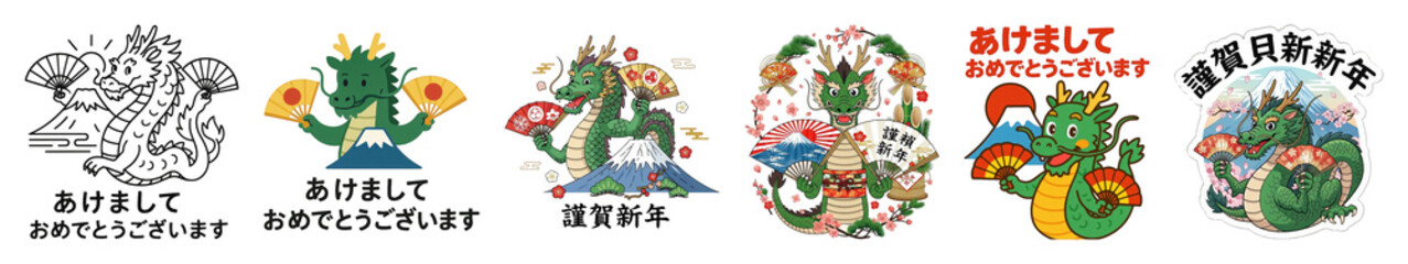 Japanese New Year dragon illustration set including outline, cartoon, detailed, and sticker styles isolated. Cultural celebration and festive designs.