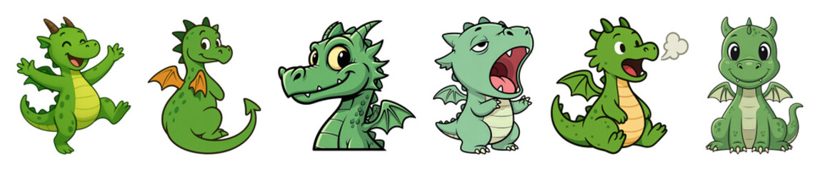 Fototapeta premium Green cartoon dragon set including various expressive and playful poses isolated. Whimsical fantasy characters for kids.