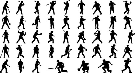 Dynamic baseball player silhouettes capture every action from pitch to swing, perfect for sports visuals.