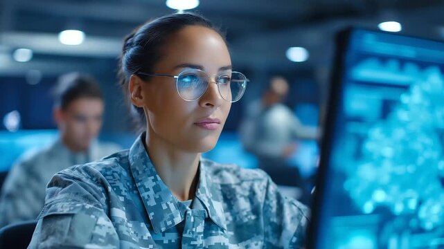Modern military training center featuring AI powered learning systems female cadets interacting with holographic tactical scenarios artificial intelligence coaching avatars
