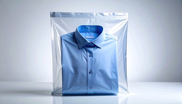 A light-blue, long-sleeved button-down dress shirt is neatly folded inside a clear plastic garment bag, resting on a white surface against a neutral backdrop