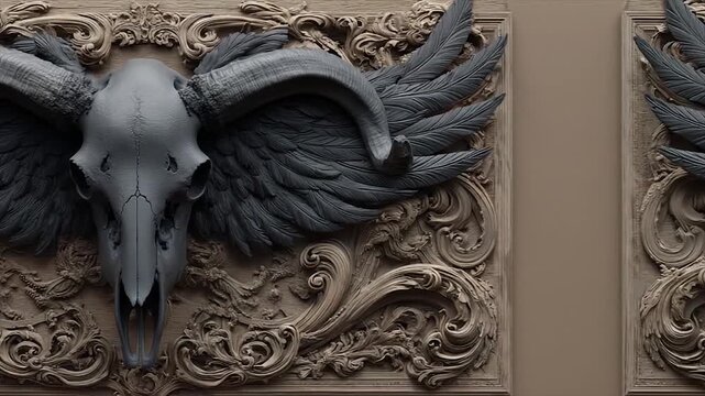 Ornate, detailed sculptural piece showcasing a skull with wings, set against a richly textured baroque frame.