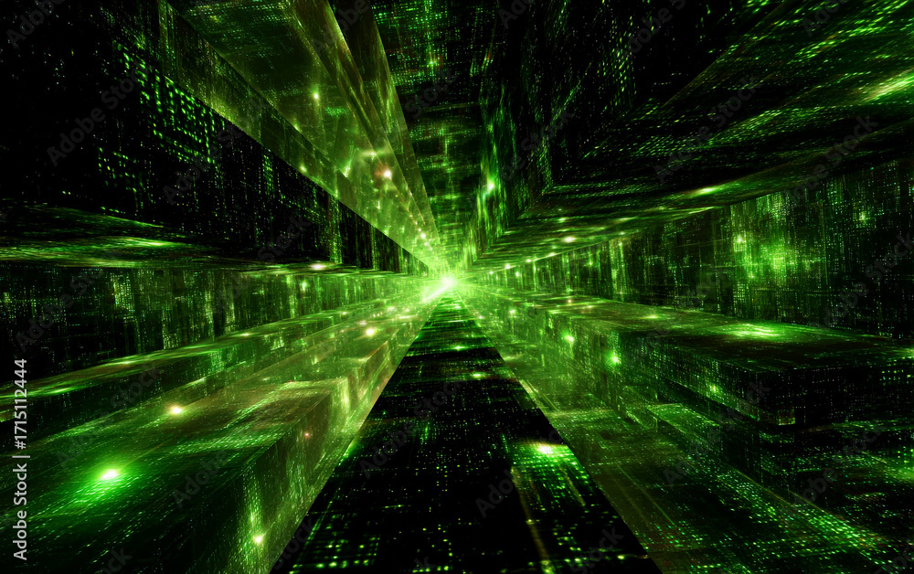 Poster green digital tunnel with abstract technological patterns